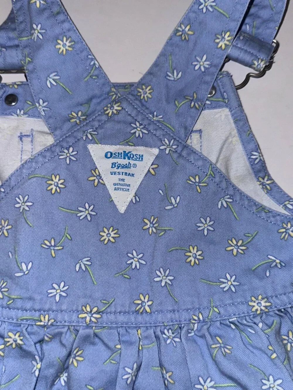 Vintage OshKosh Light Blue Daisy Print Skirtall Jumper Overalls Dress 6/9 mo